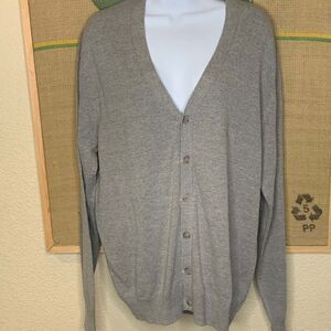 Basic Editions Gray V-Neck Cardigan, Button-Front Knit, Size M